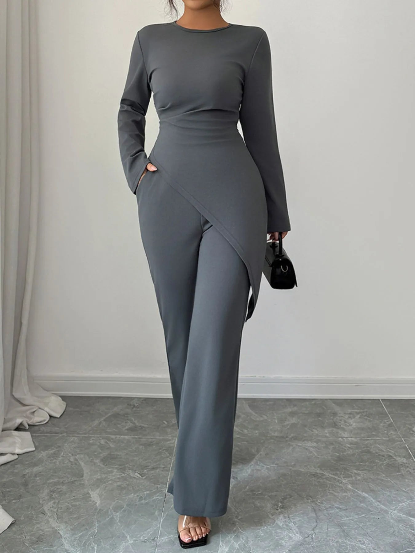 Asymmetric Long Sleeve Top and Pants Set nicholesgifts