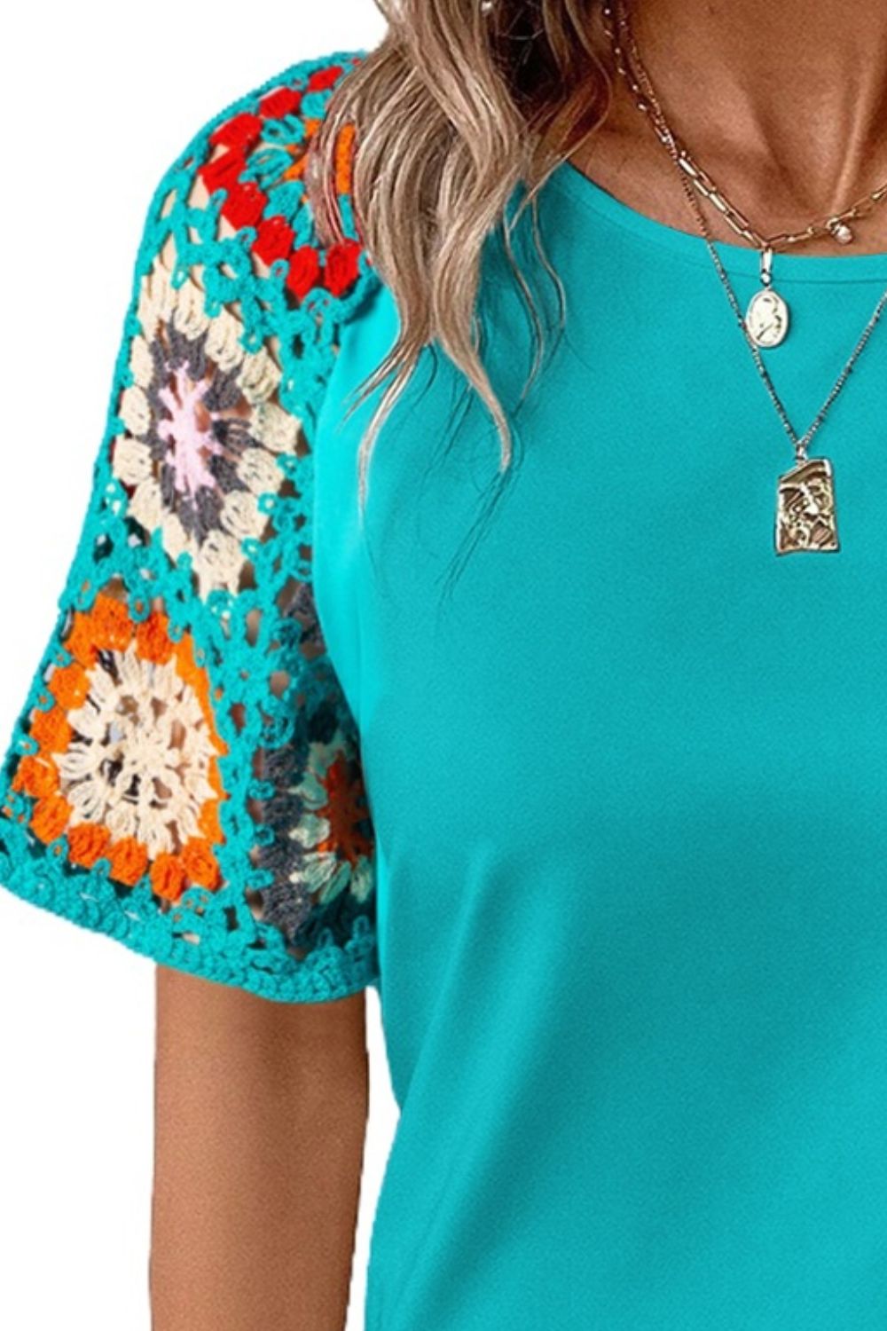 Geometric Round Neck Short Sleeve Blouse nicholesgifts