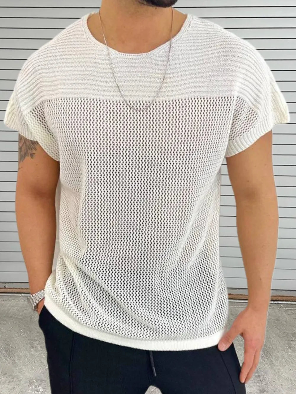 Men's Eyelet Round Neck Short Sleeve T-Shirt Trendsi