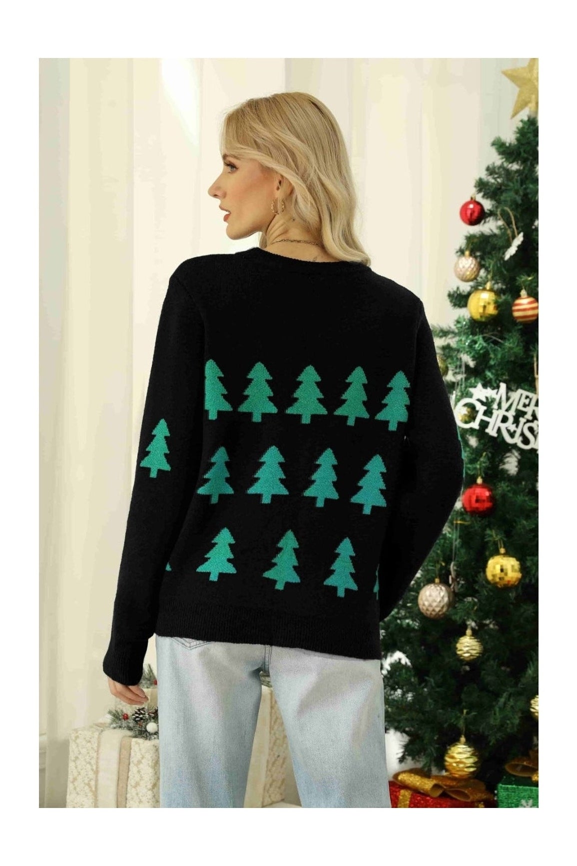 Christmas Tree Round Neck Ribbed Trim Sweater NicholesGifts