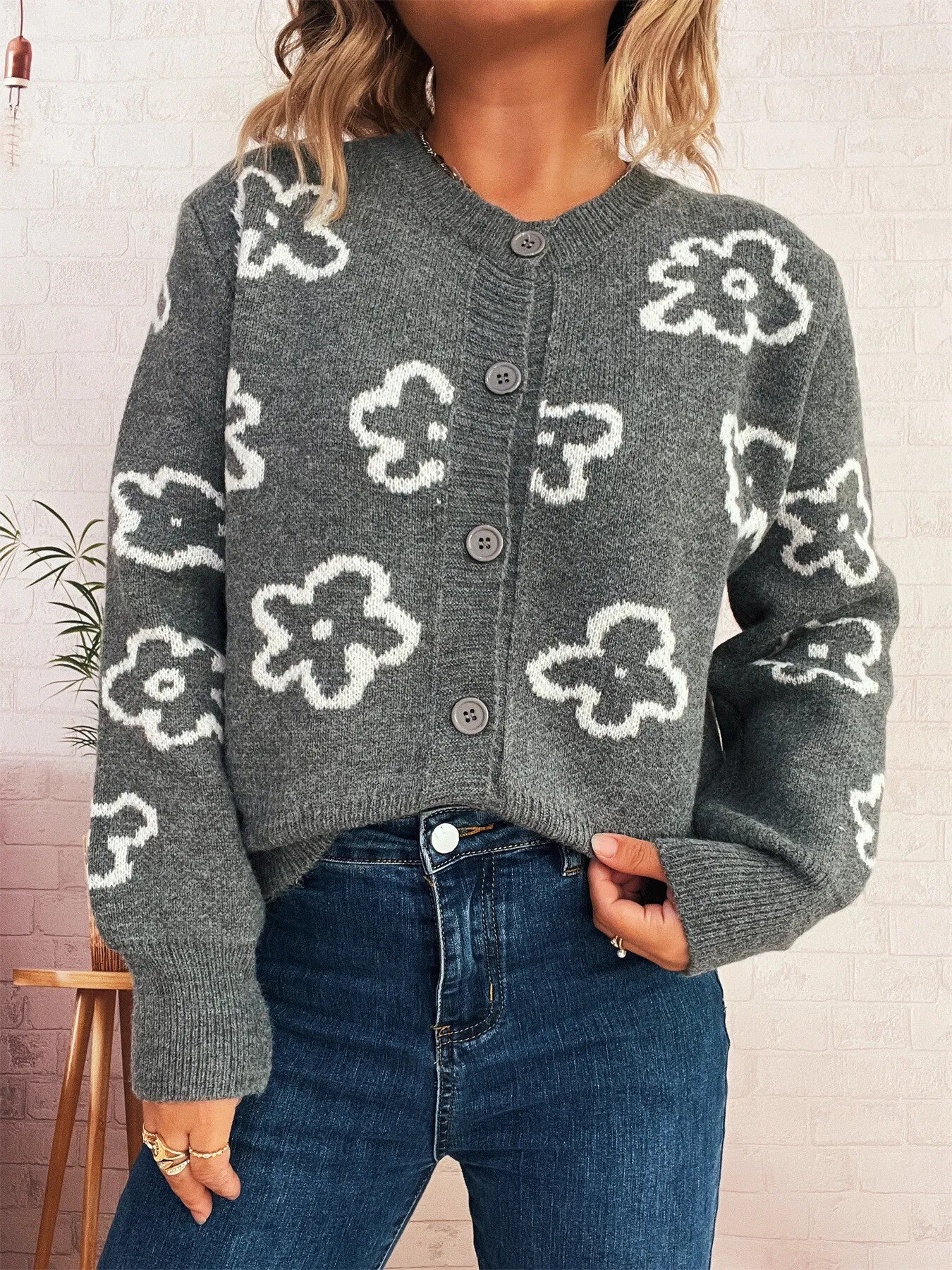 Floral Pattern Button-Up Cardigan