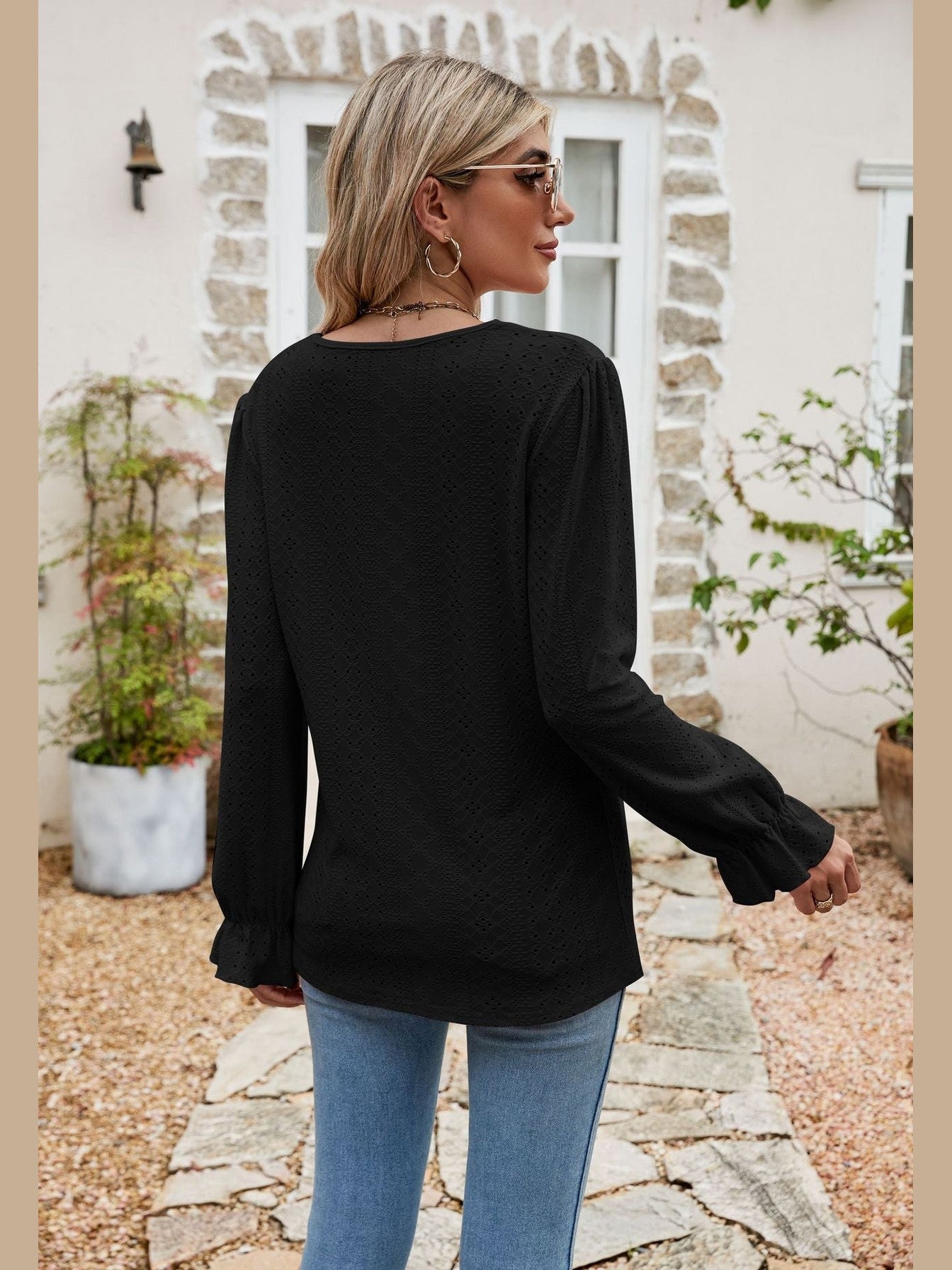Eyelet Lace Trim Flounce Sleeve Blouse