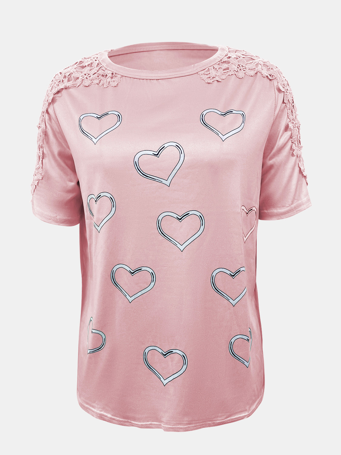 Full Size Lace Detail Heart Round Neck Short Sleeve Top nicholesgifts