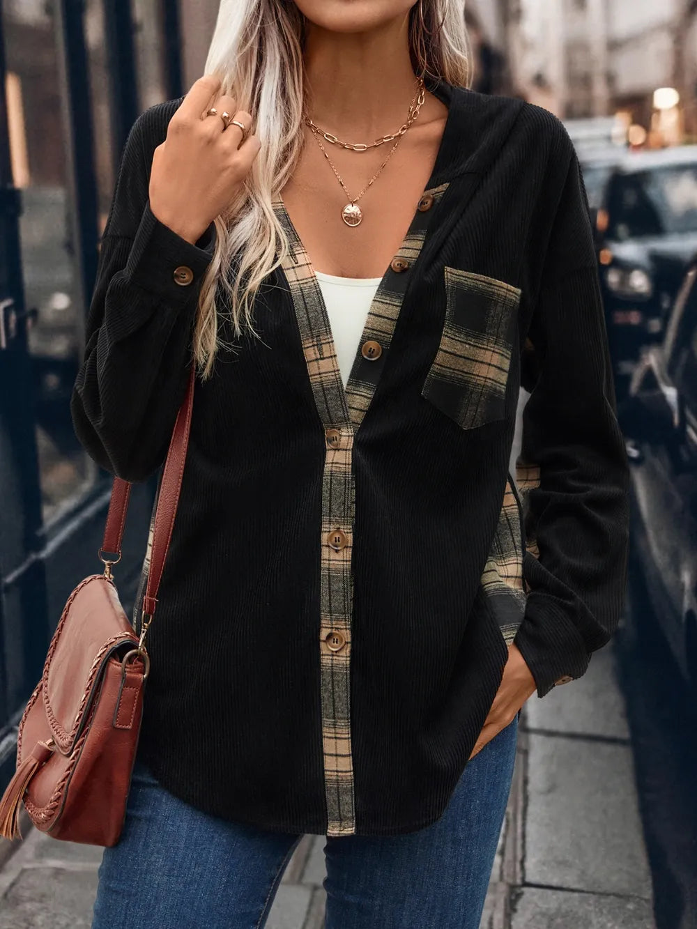 Pocketed Plaid Button Down Hooded Shacket Trendsi