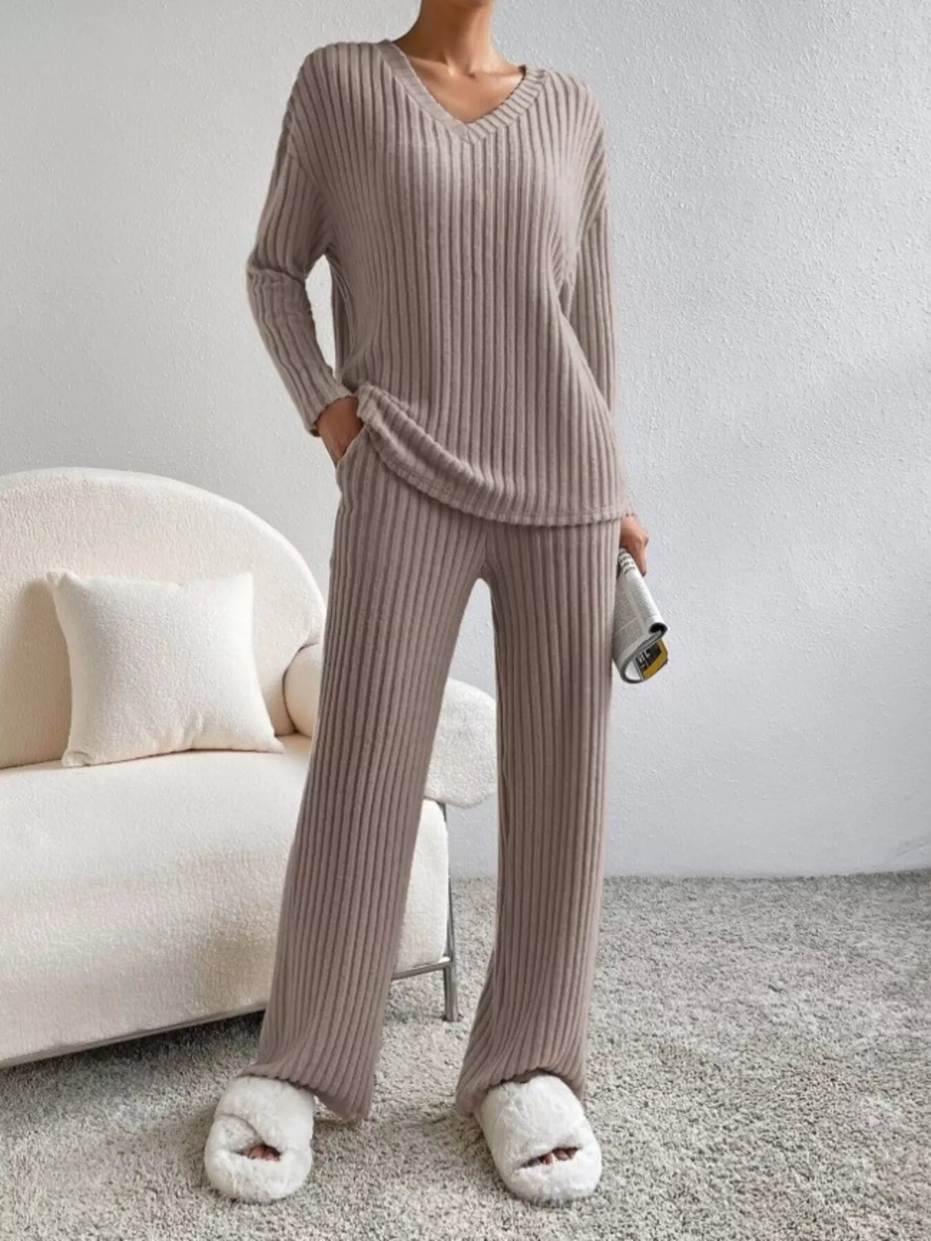 Ribbed Knit V-Neck Top and Pants Set nicholesgifts