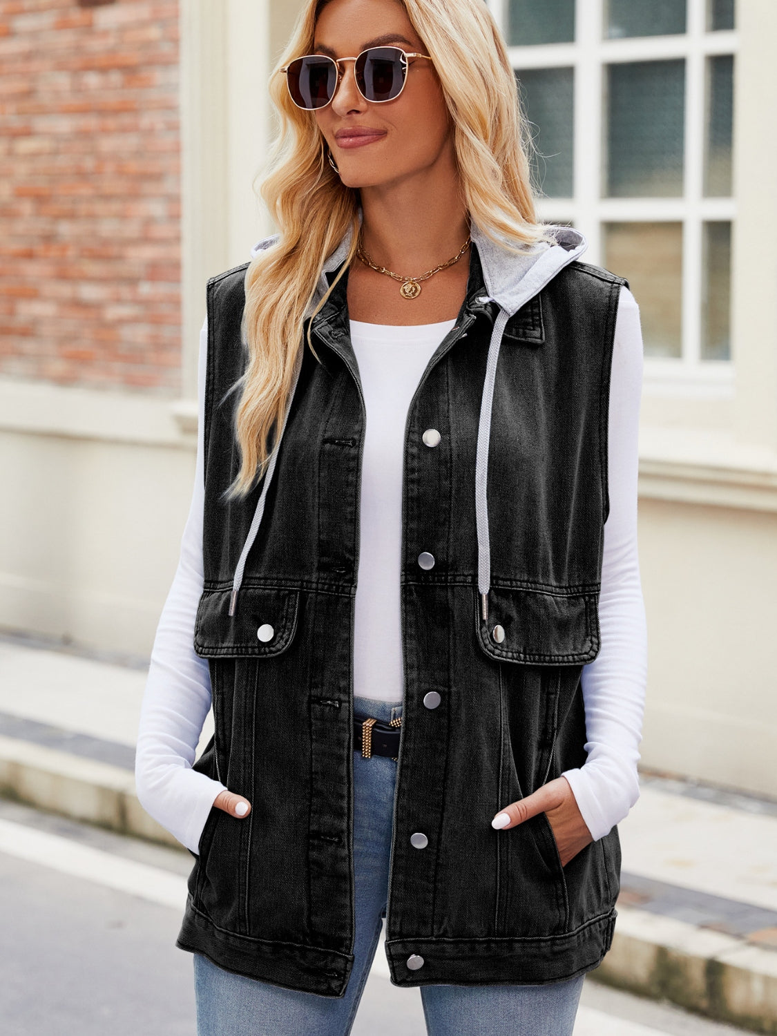 Drawstring Hooded Sleeveless Denim Jacket nicholesgifts