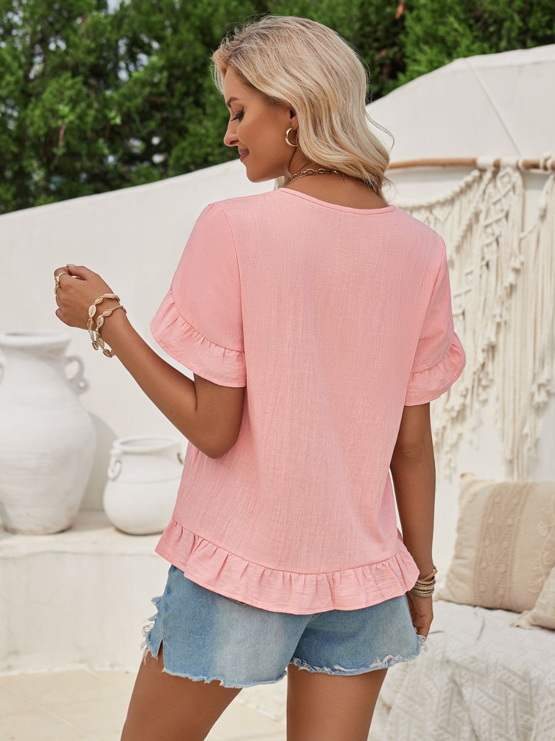 Ruffled Notched Petal Sleeve Blouse nicholesgifts