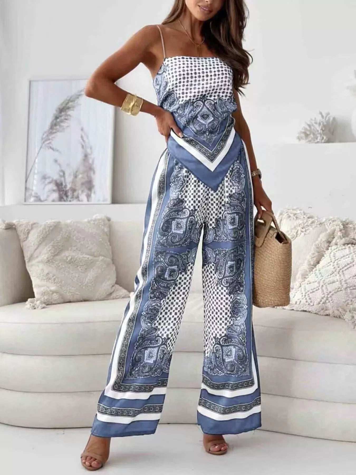 Tie Back Printed Cami and Pants Set Trendsi