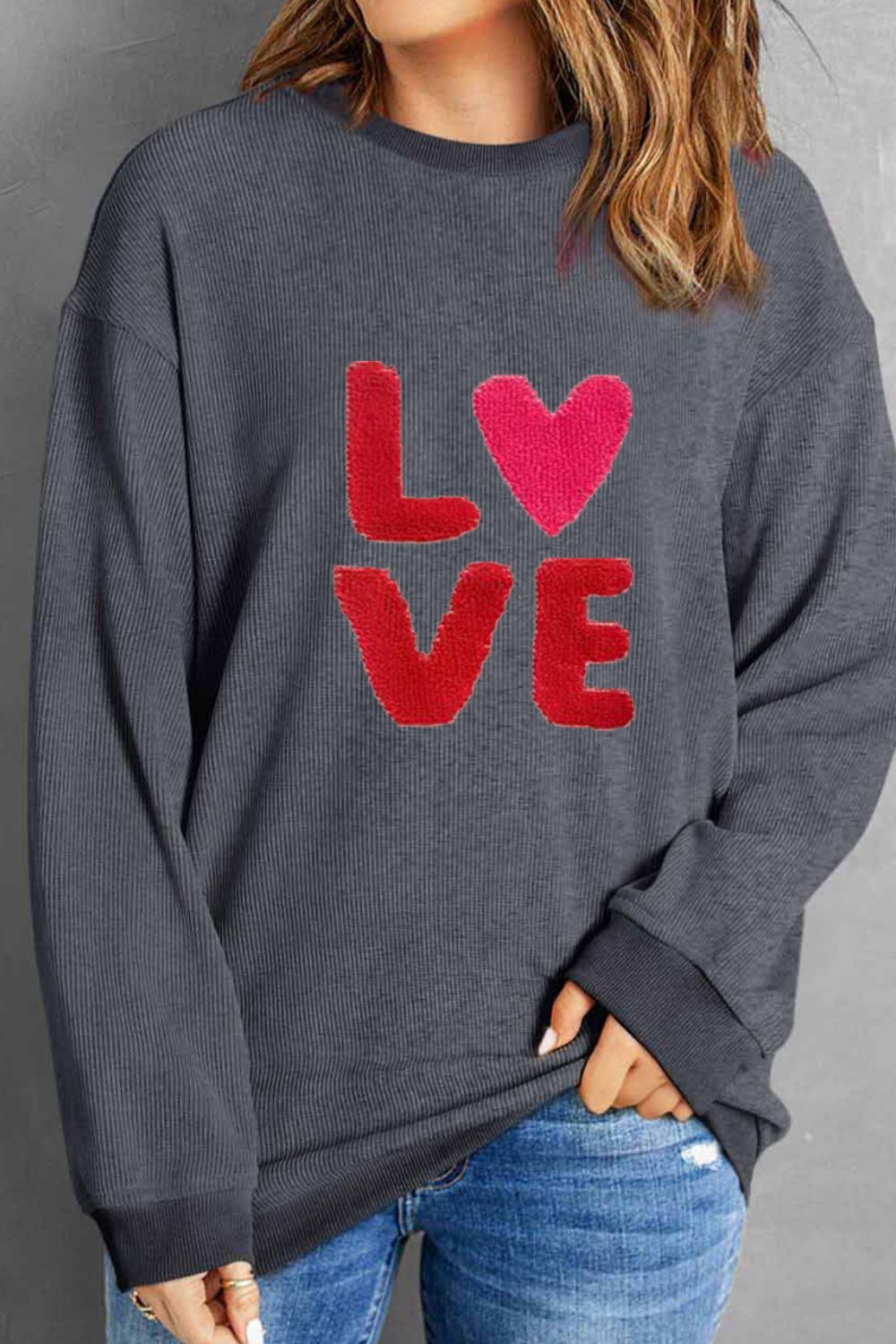 Women Valentine’s Day LOVE Round Neck Long Sleeve Sweatshirt NicholesGifts