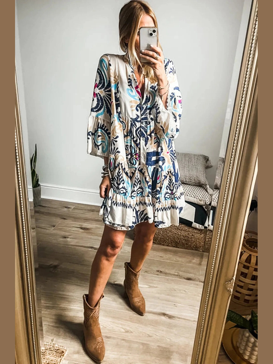 Printed Notched Three-Quarter Sleeve Mini Dress Trendsi