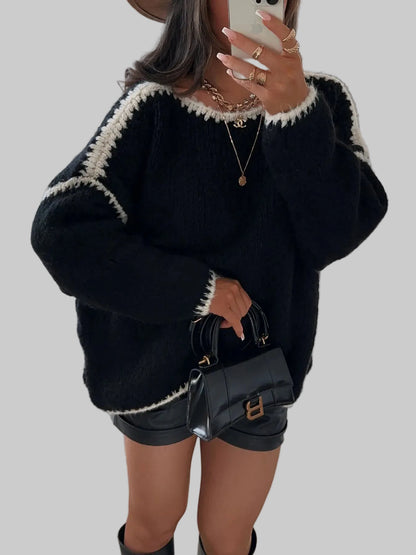 Women Contrast Trim Oversized Sweater nicholesgifts