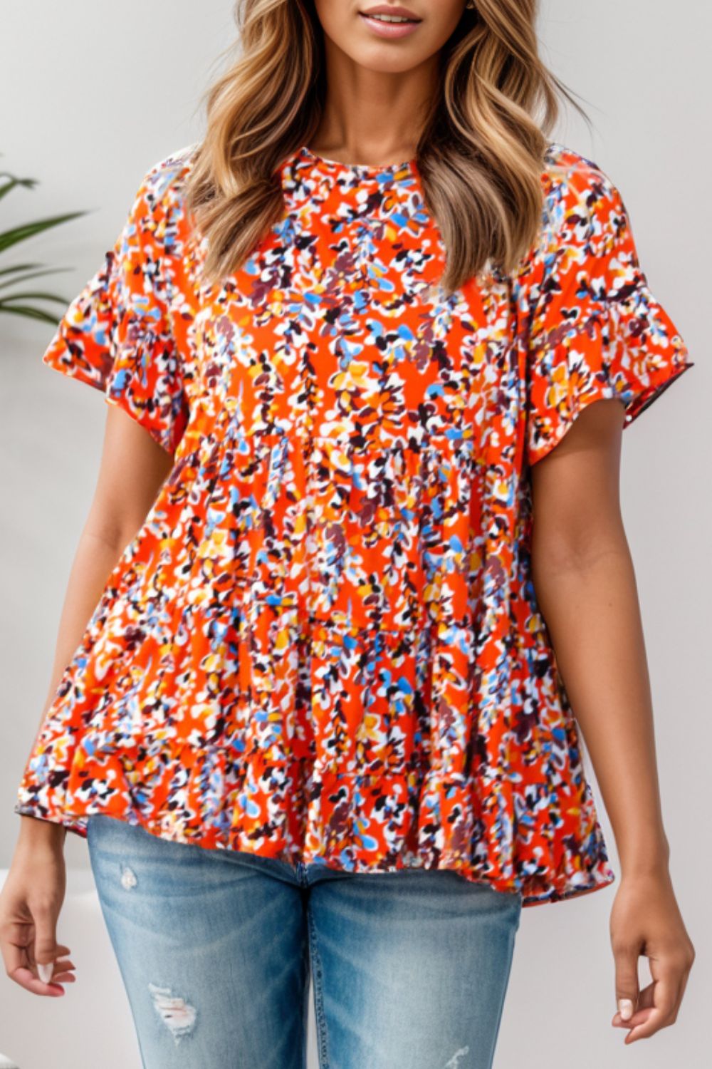 Plus Size Floral Round Neck Tiered Blouse nicholesgifts