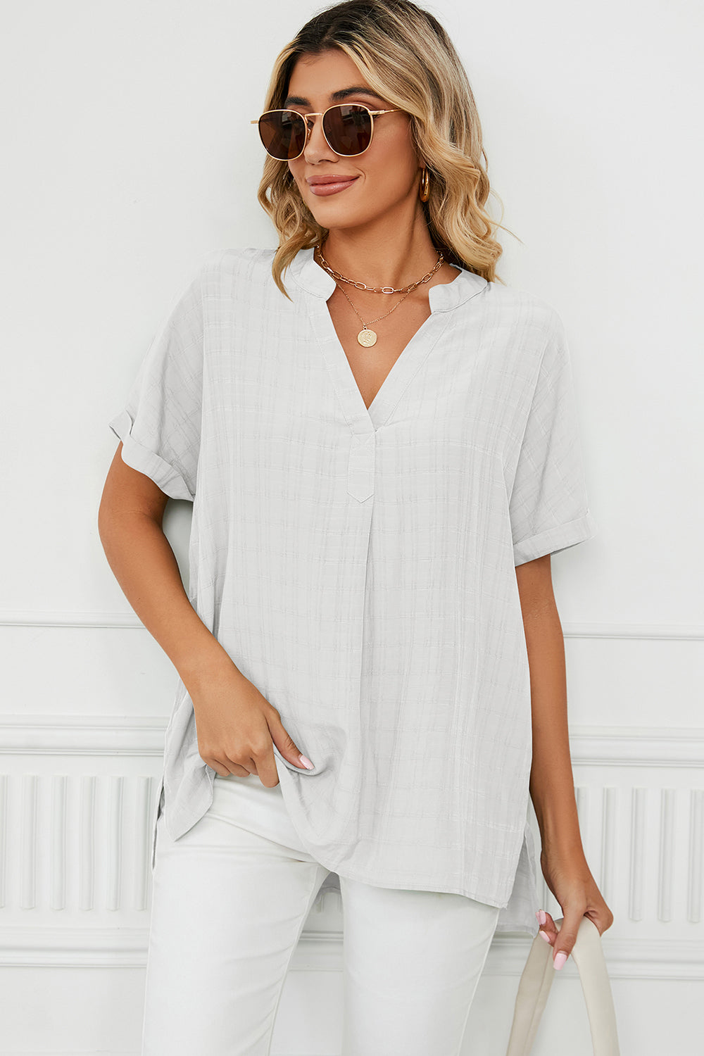 Women Ruched Notched Short Sleeve Blouse nicholesgifts