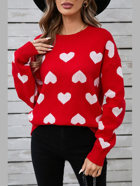 Women Heart Round Neck Long Sleeve Valentine's Day Sweater nicholesgifts