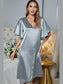 Satin Flutter Sleeve Side Slit V-Neck Night Dress nicholesgifts