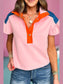 Color Block Half Buttoned Ruffled Short Sleeve T Shirt nicholesgifts
