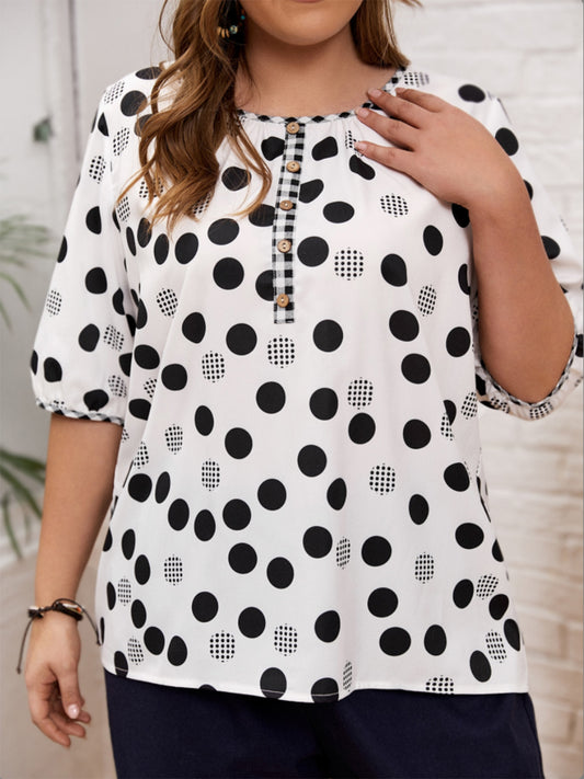 Plus Size Polka Dot Round Neck Half Sleeve Blouse nicholesgifts