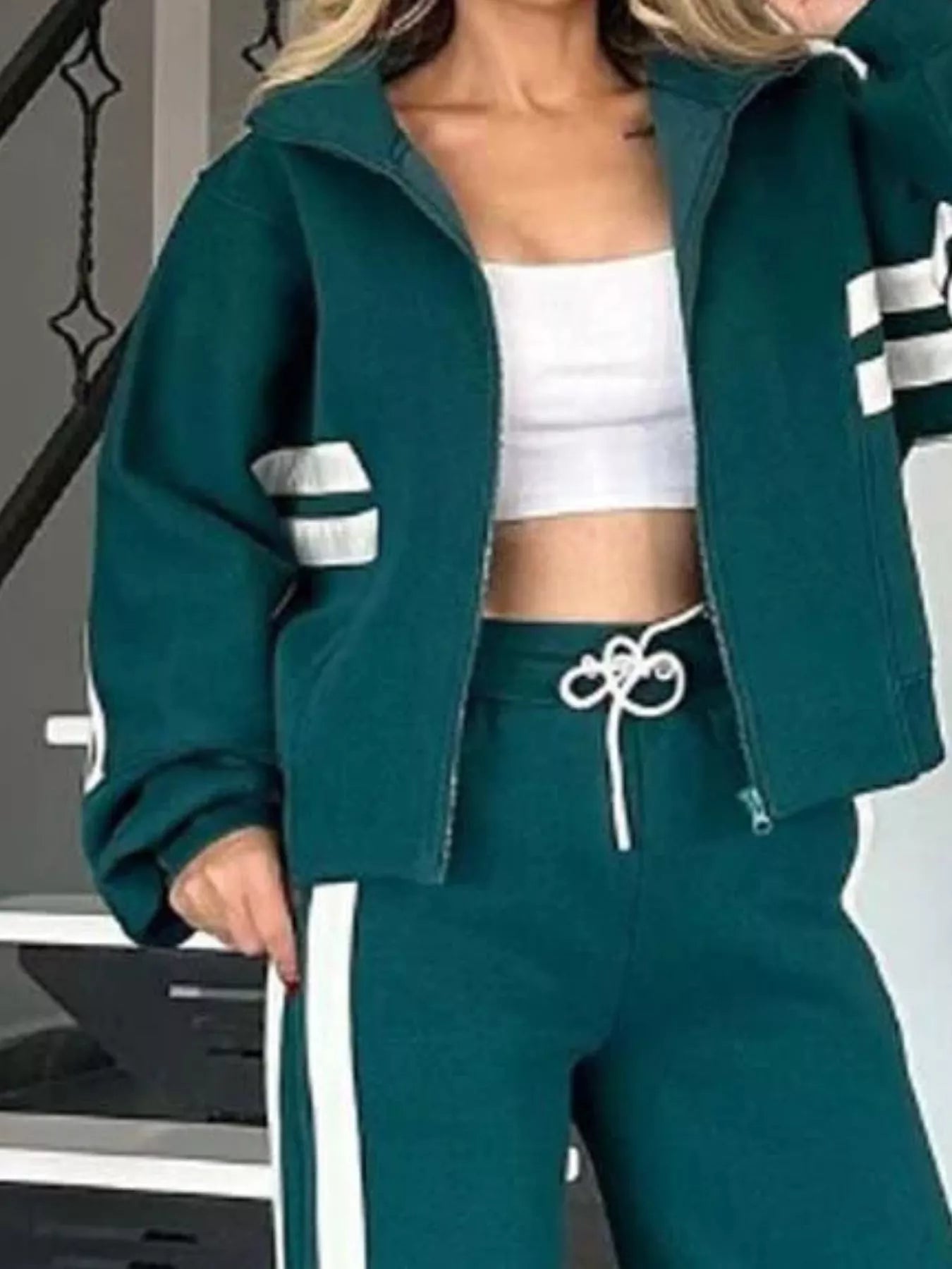 Full Size Contrast Stripe Zip Up Jacket and Pants Set Plus Size nicholesgifts