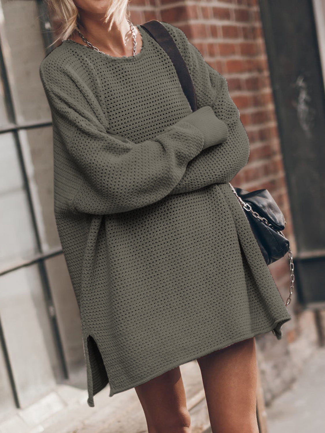 Openwork Round Neck Long Sleeve Slit Sweater nicholesgifts