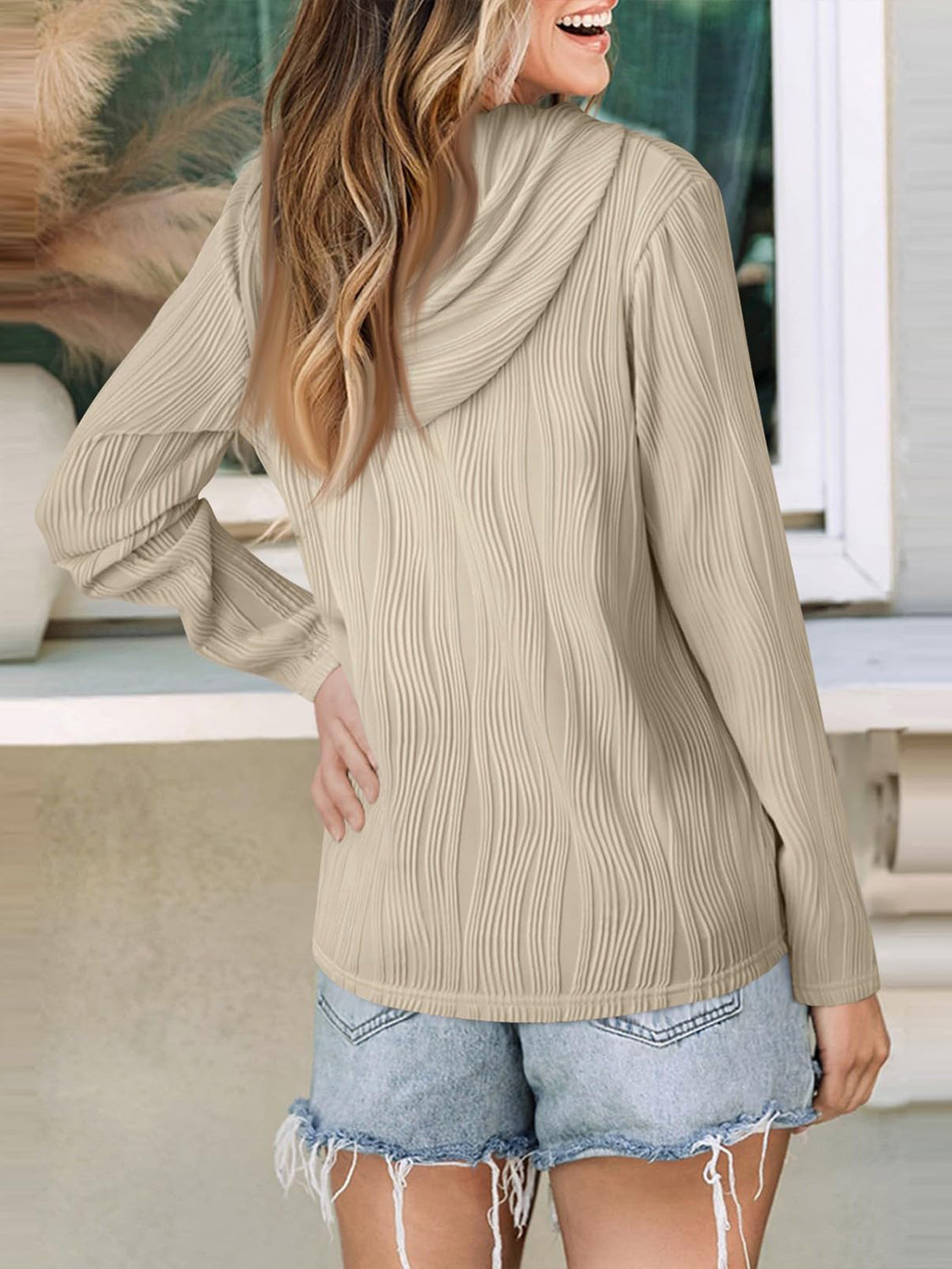 Women Textured Long Sleeve Hoodie nicholesgifts