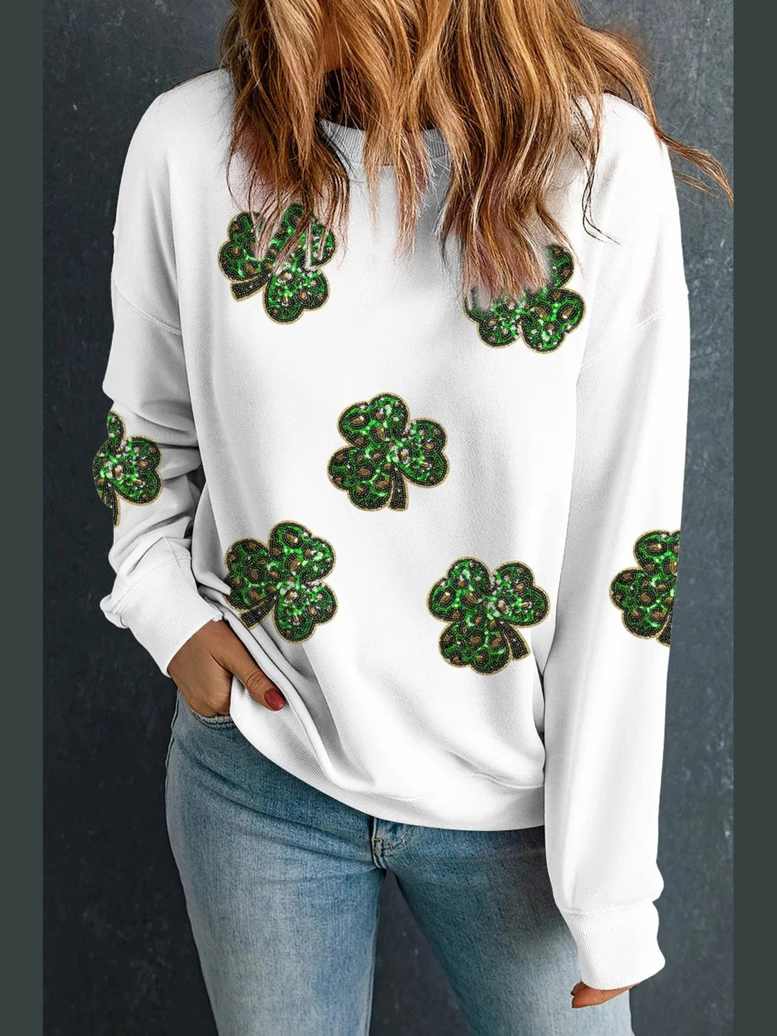 Sequin Lucky Clover Long Sleeve Sweatshirt Trendsi