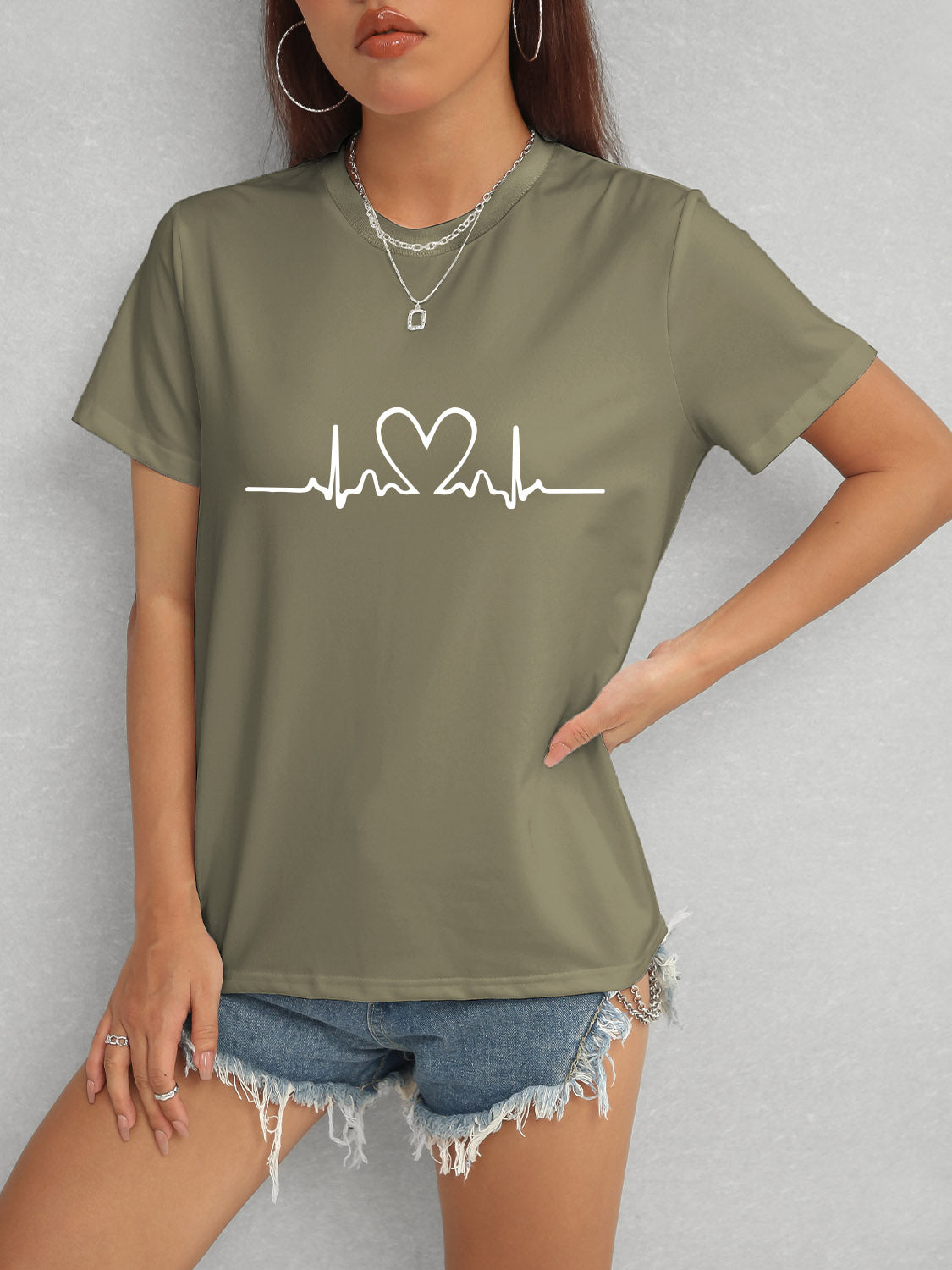 Heart Round Neck Short Sleeve T-Shirt nicholesgifts