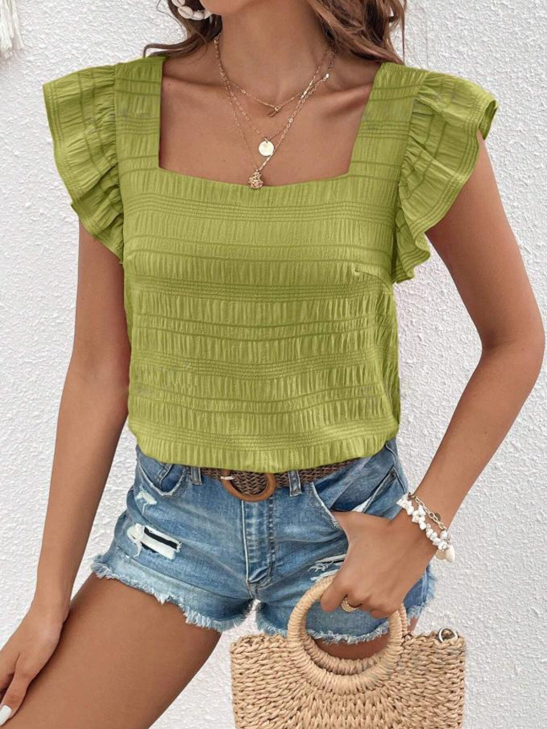 Ruffled Square Neck Cap Sleeve Blouse nicholesgifts