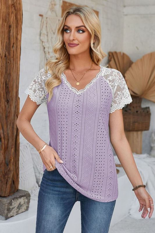 Eyelet V-Neck Lace Short Sleeve T-Shirt NicholesGifts