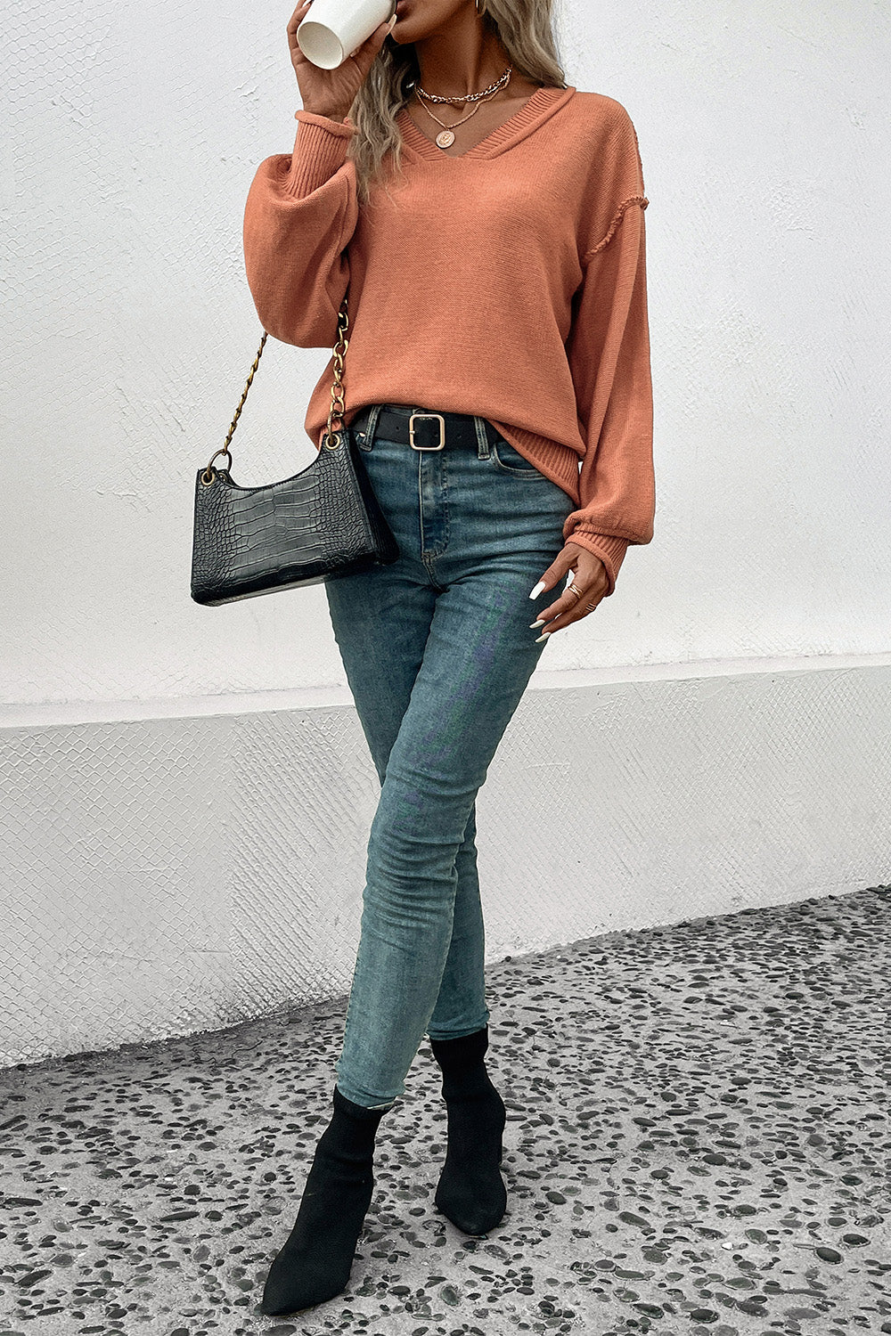 Perfee V-Neck Exposed Seam Sweater Trendsi