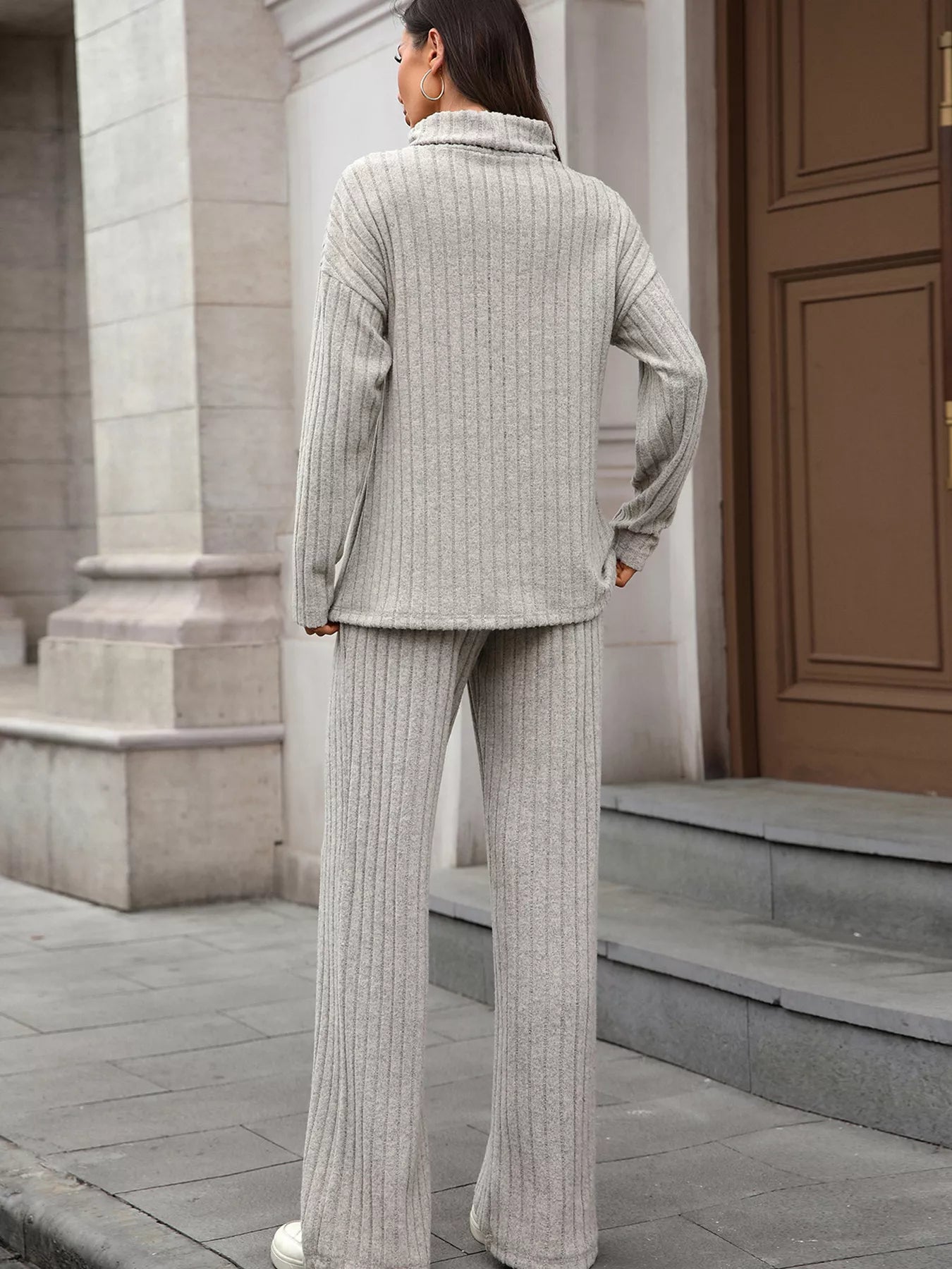 Ribbed Turtleneck Dropped Shoulder Top and Pants Sweater Set Trendsi