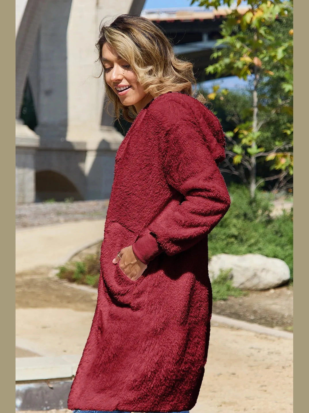 Double Take Full Size Hooded Teddy Bear Jacket with Thumbholes nicholesgifts