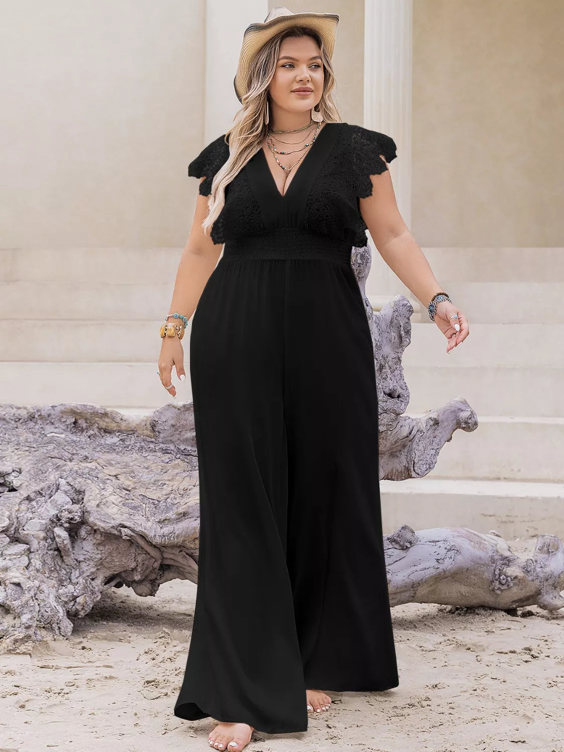 Plus Size Lace Cap Sleeve Wide Leg Jumpsuit nicholesgifts