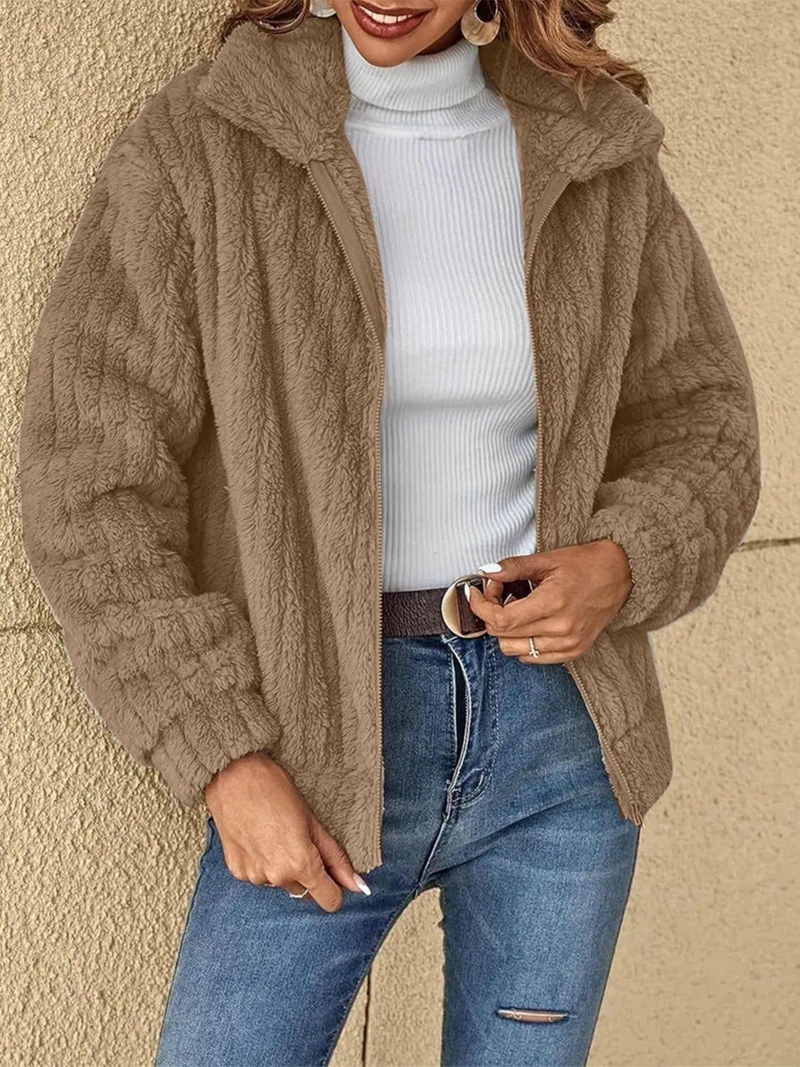 Plush Zip Up Long Sleeve Jacket nicholesgifts