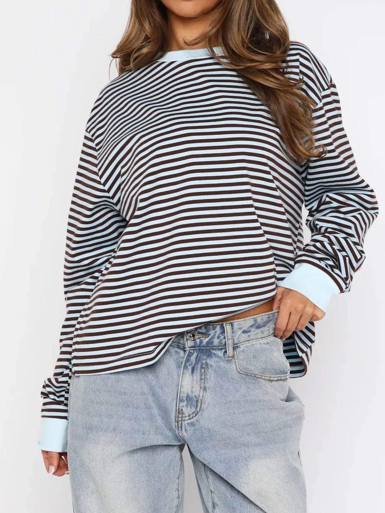 Striped Oversized Round Neck Sweatshirt nicholesgifts