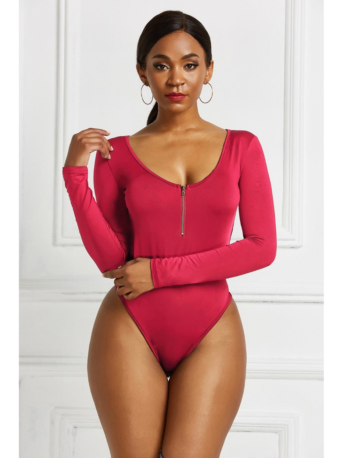 Women Half Zip Scoop Neck Long Sleeve Bodysuit nicholesgifts