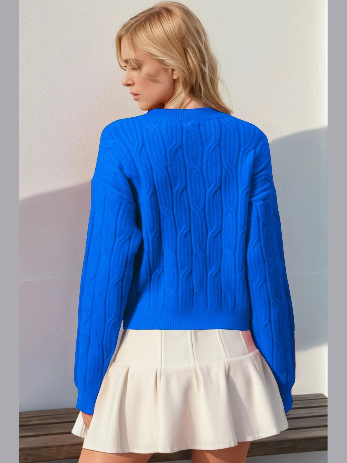 Double Take Full Size Bow Cable-Knit Round Neck Sweater Trendsi