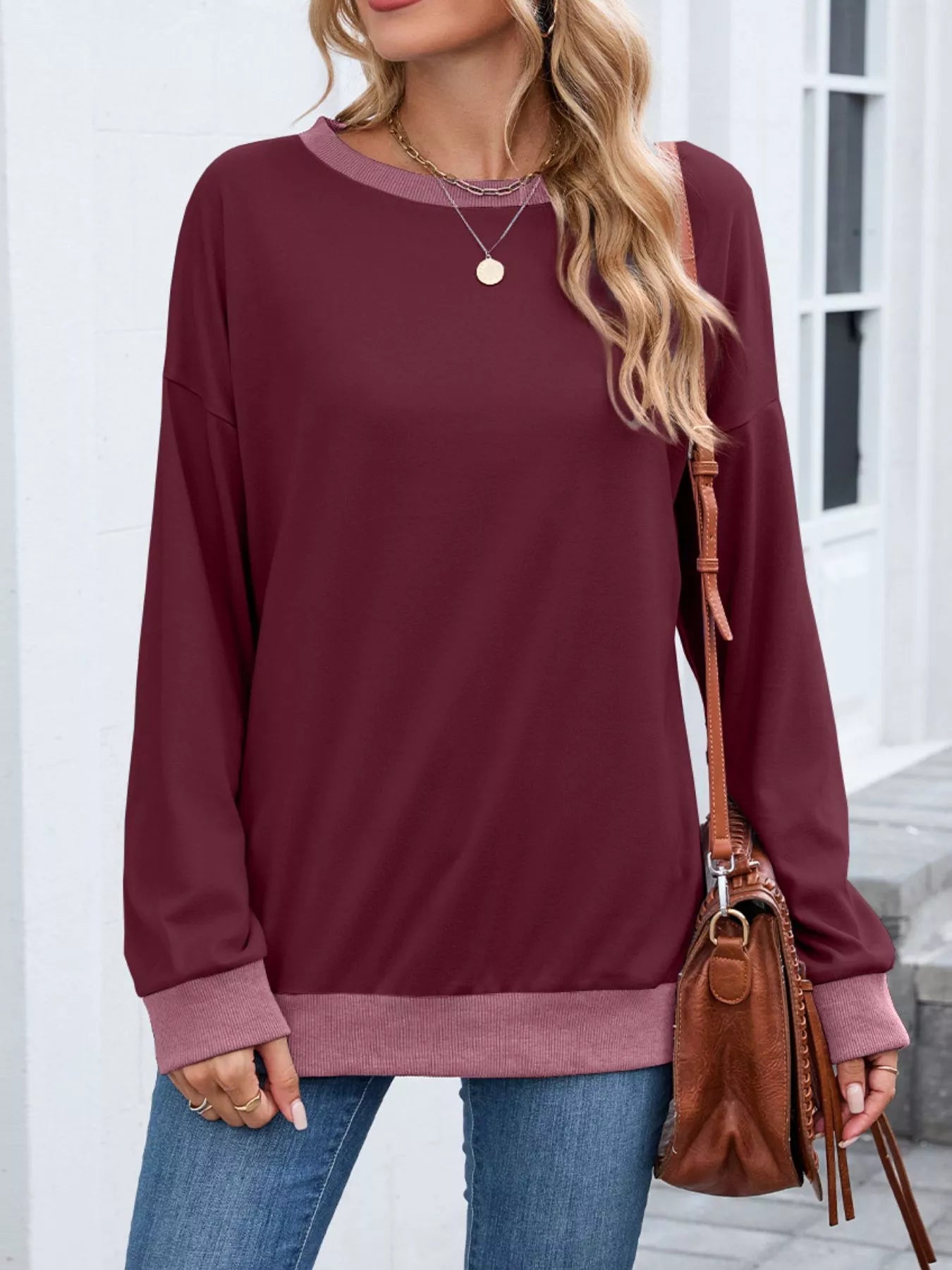 Contrast Trim Long Sleeve Sweatshirt Trendsi