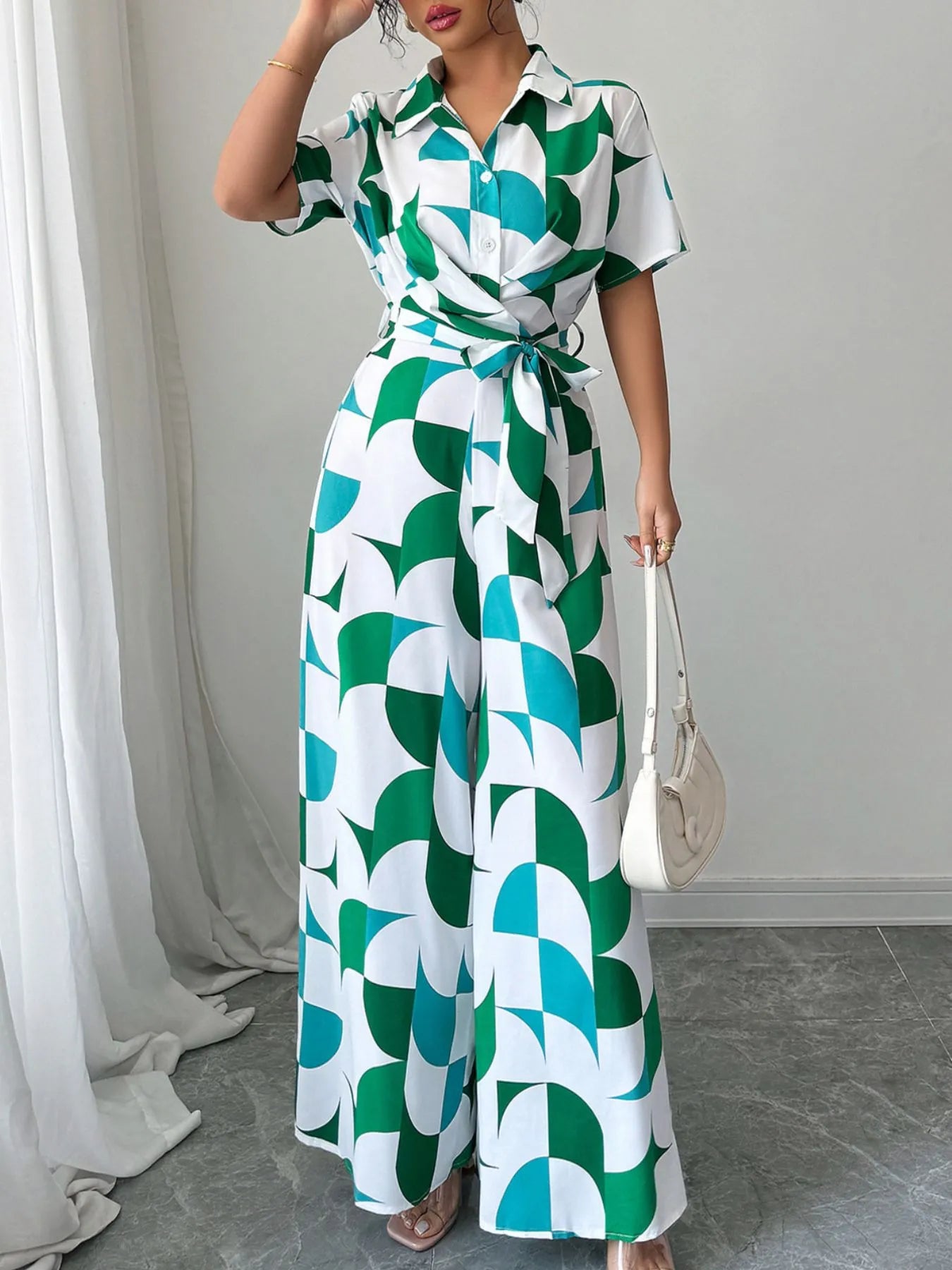 Printed Wide Leg Belted Jumpsuit nicholesgifts