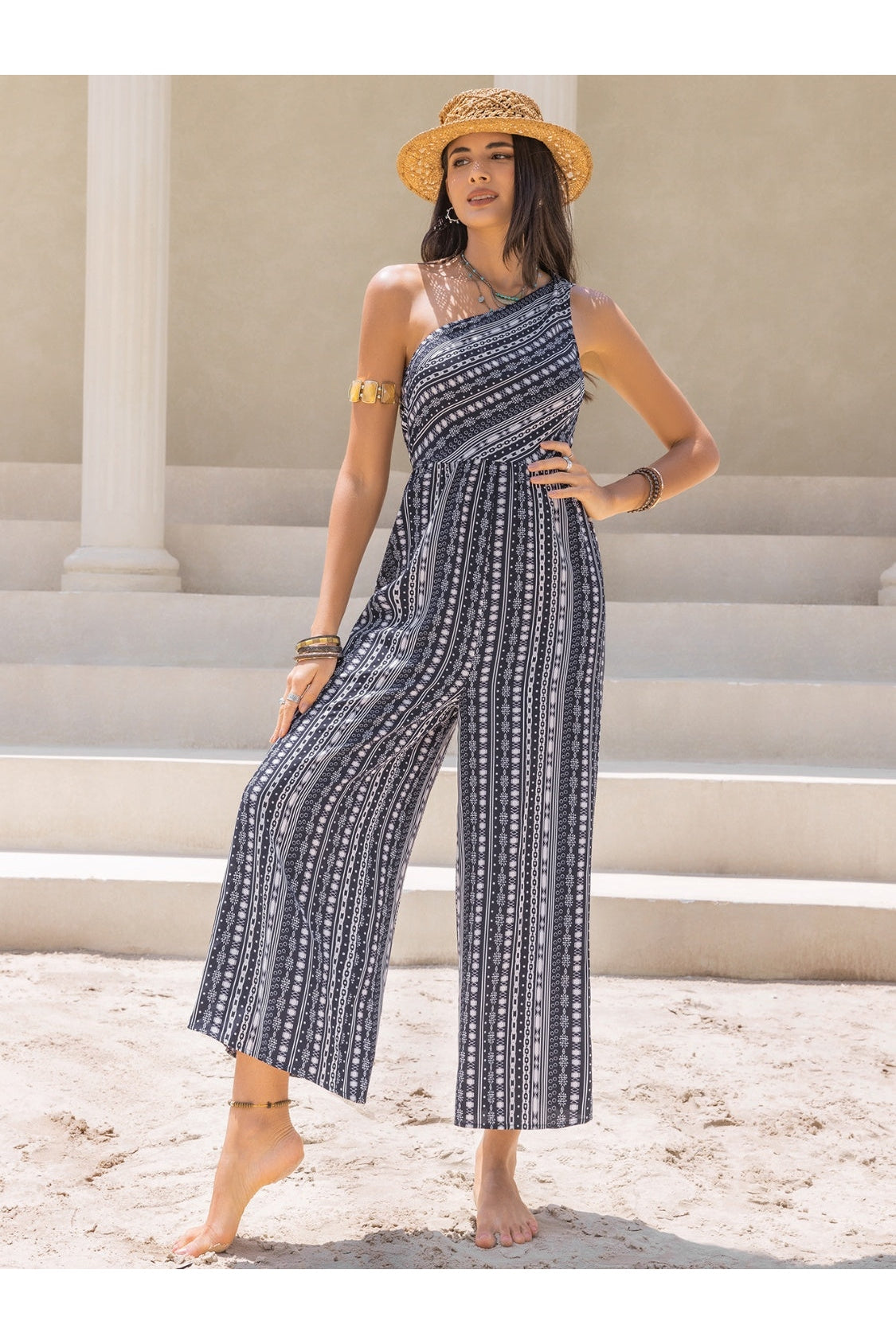 Printed Single Shoulder Sleeveless Jumpsuit nicholesgifts