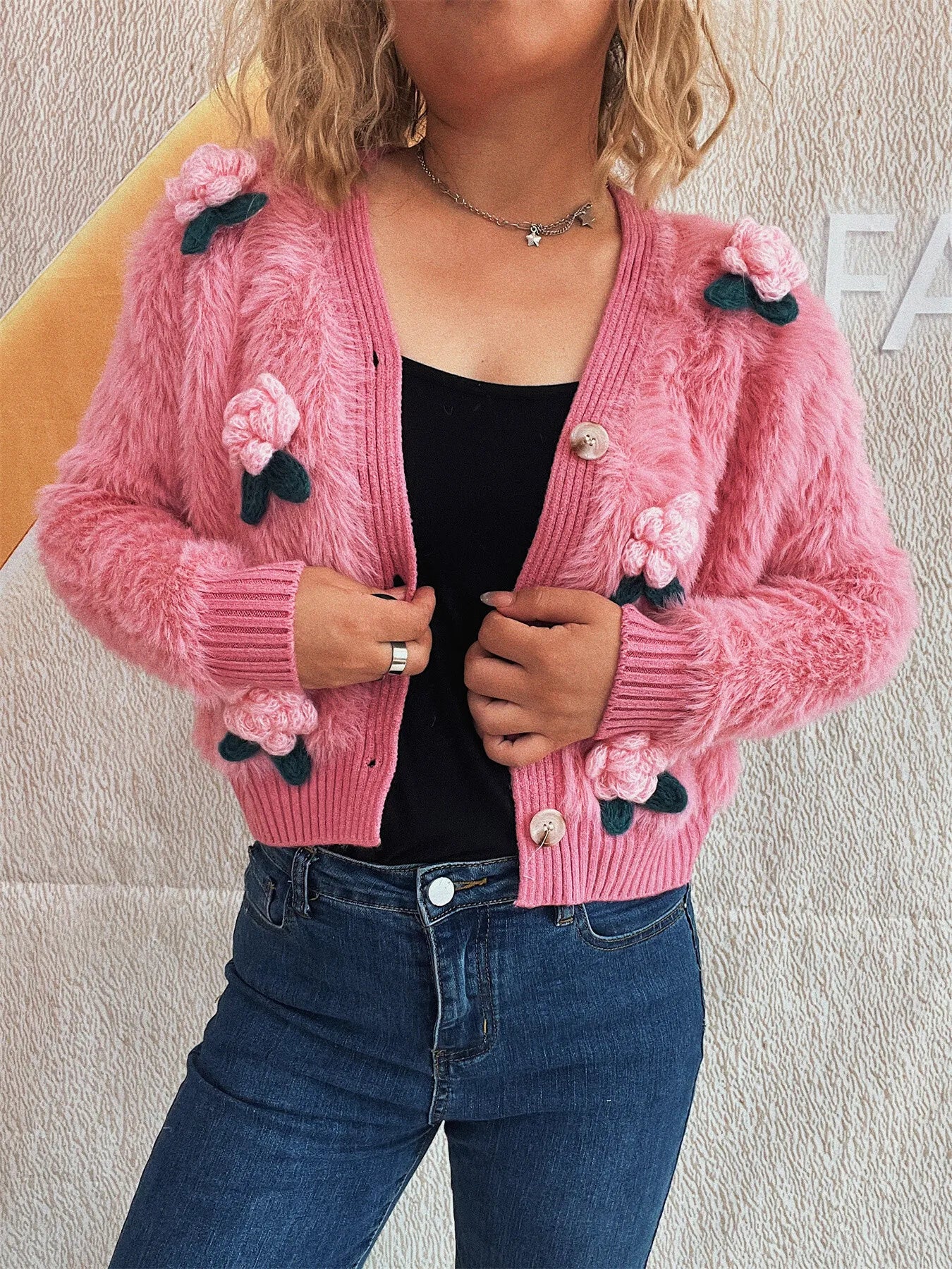 Flower Fuzzy Button-Up Cardigan