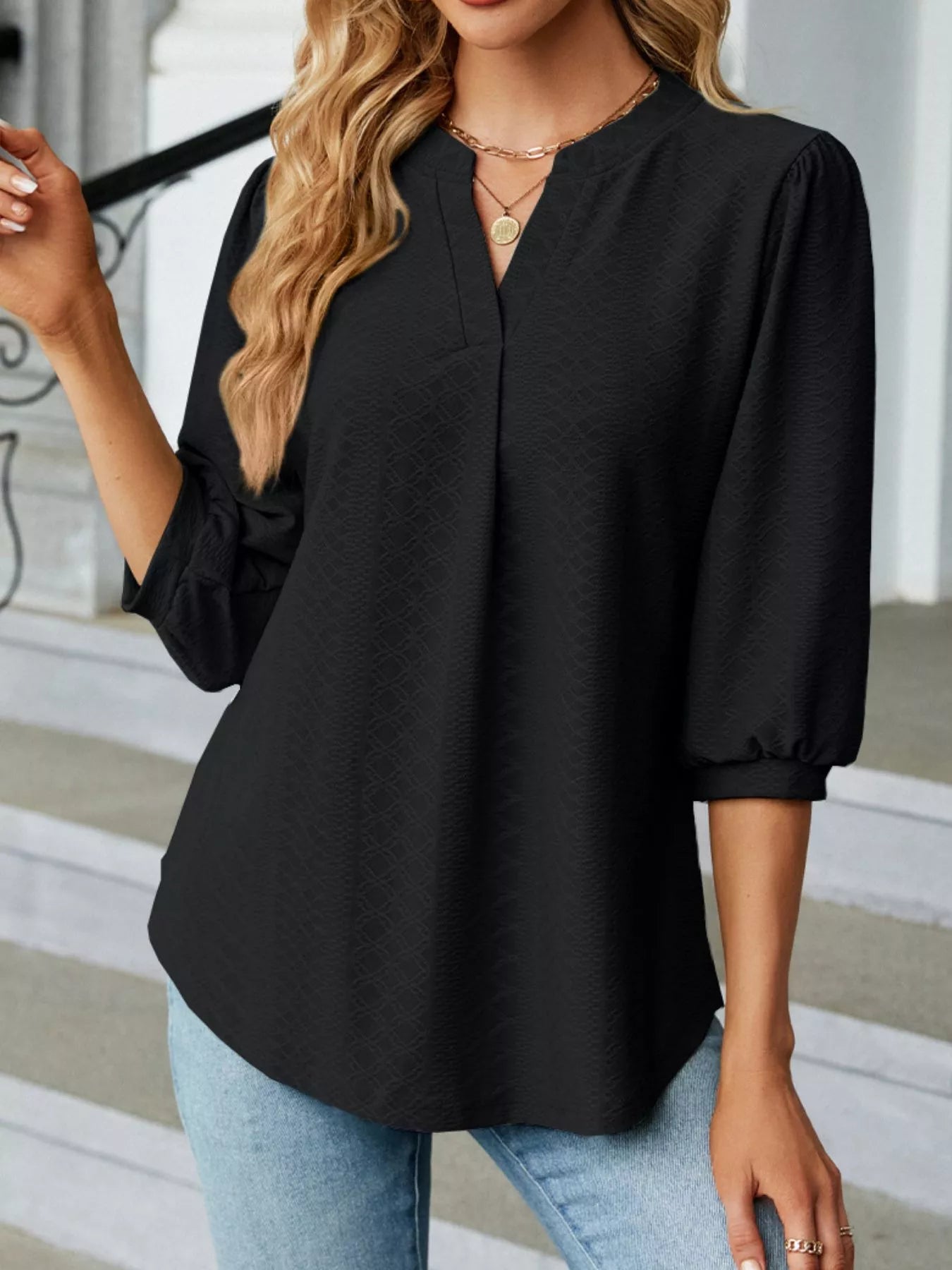 Notched 3/4 Sleeve Casual Top Trendsi