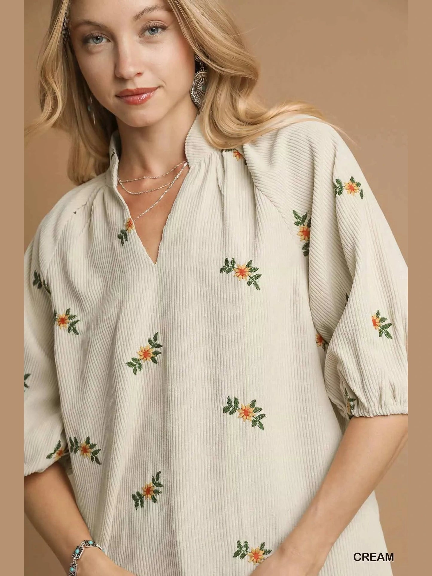 Women Umgee Corduroy Floral Embroidered Puff Long Sleeve Blouse NicholesGifts