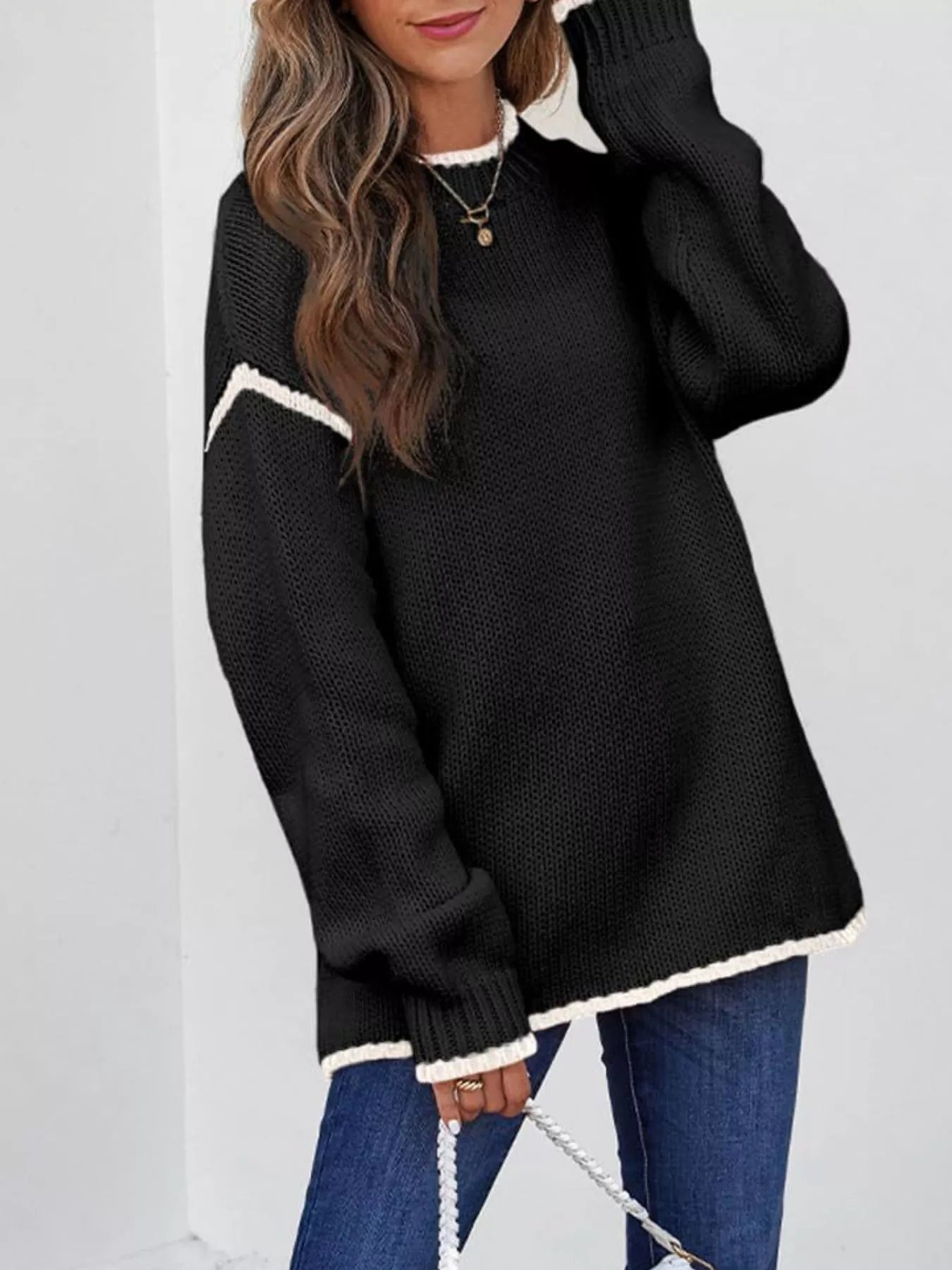 Contrast Trim Long Sleeve Sweater Trendsi