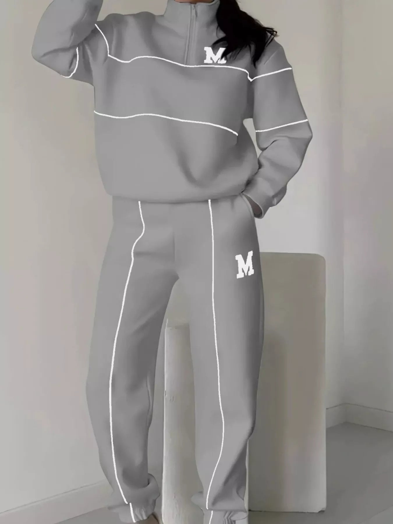 Full Size Striped Quarter Zip Top and Pants Set Plus Size nicholesgifts
