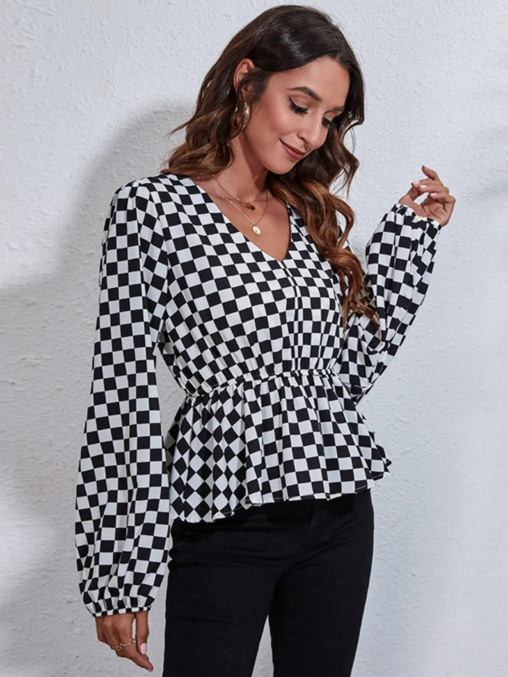 Ruched Printed V-Neck Long Sleeve Blouse nicholesgifts