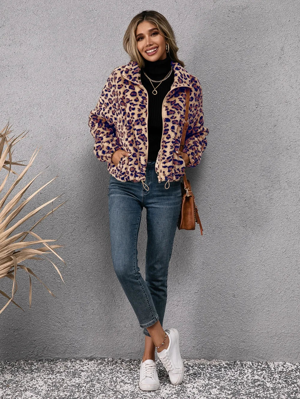 Ivy Lane Drawstring Leopard Zip Up Jacket nicholesgifts