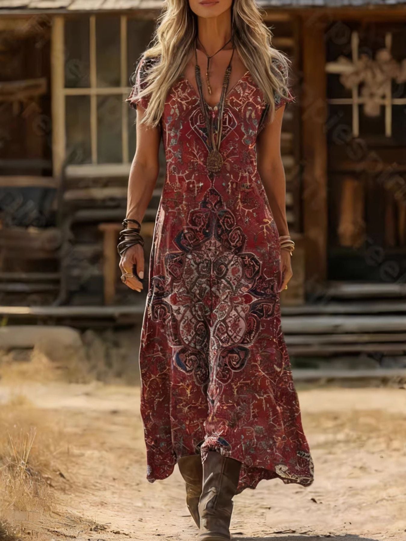 Printed V-Neck Short Sleeve Midi Dress nicholesgifts