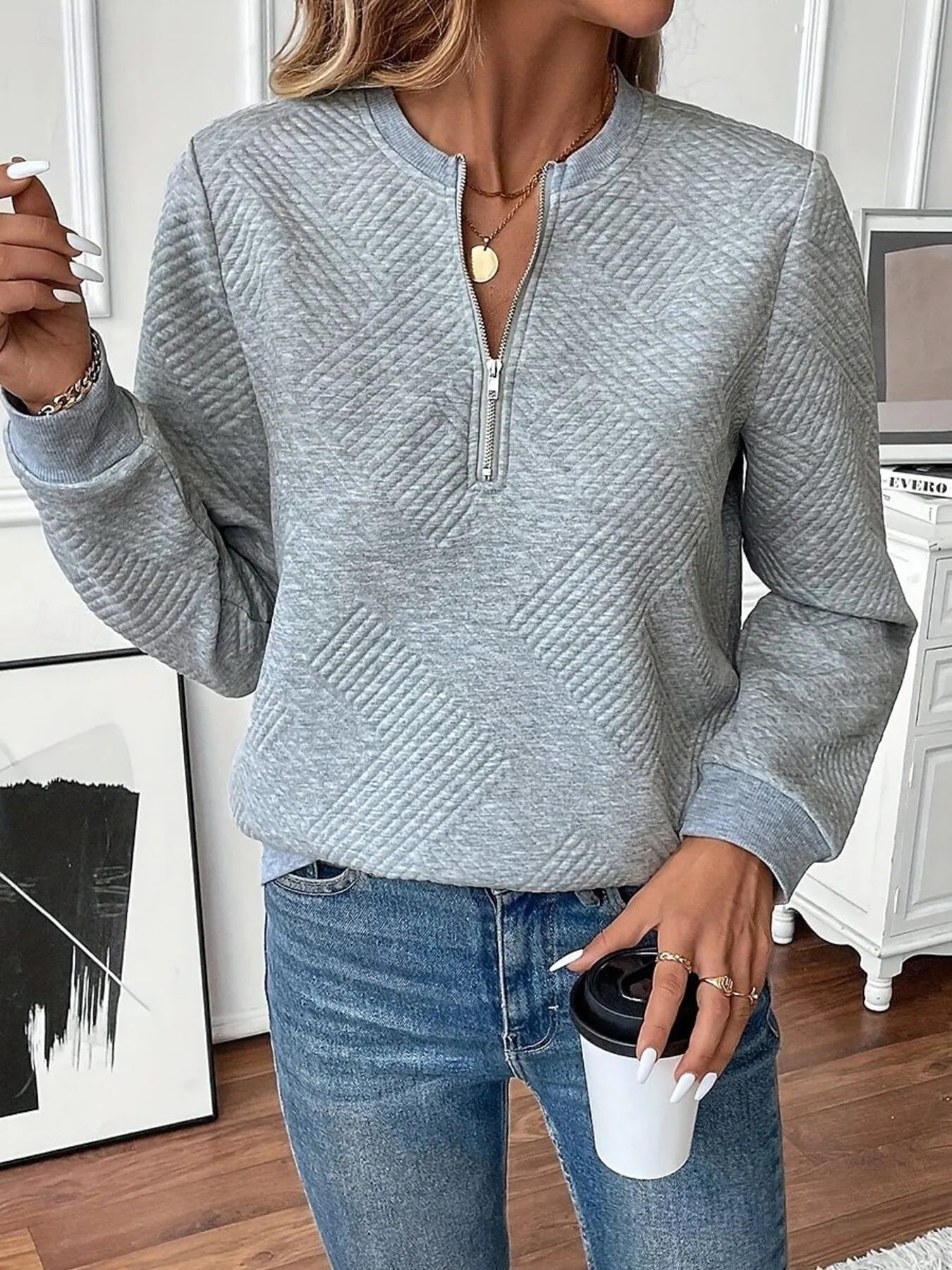 Quarter Zip Textured Long Sleeve Sweatshirt NicholesGifts