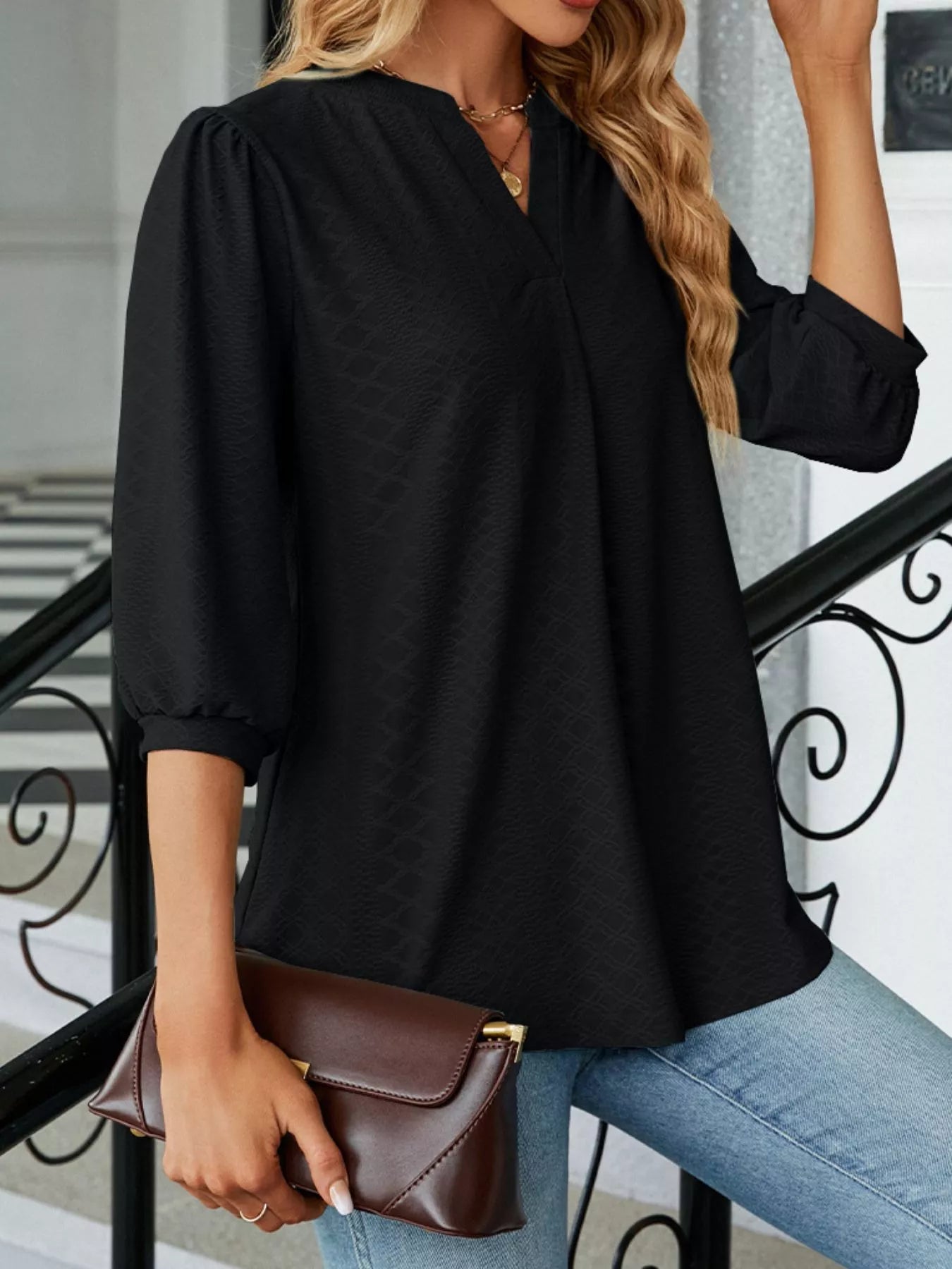 Notched 3/4 Sleeve Casual Top Trendsi