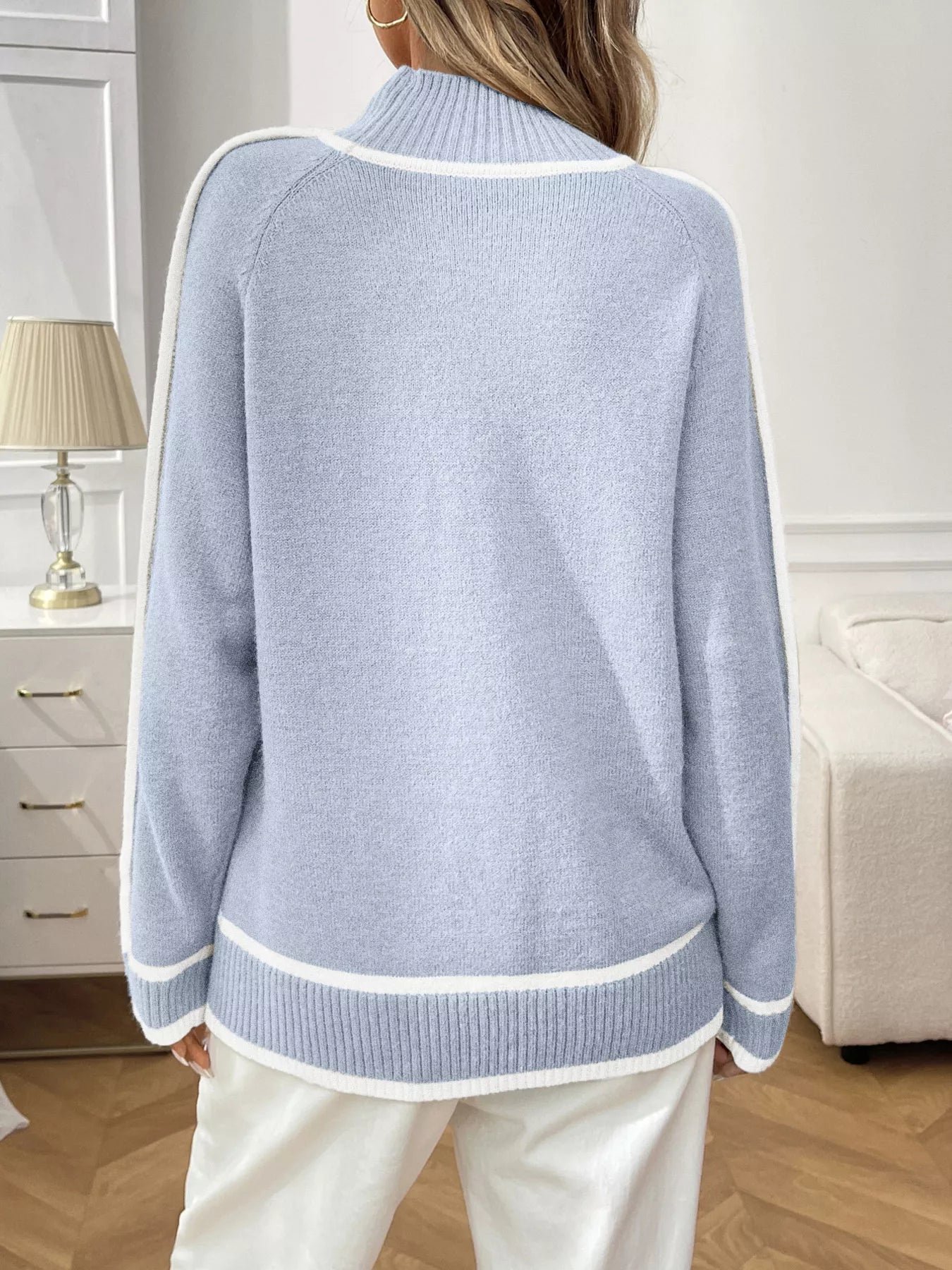 Contrast Trim Turtleneck Long Sleeve Sweater Trendsi